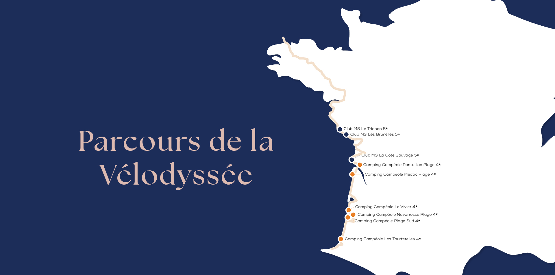 Carte représentant le parcours de la Vélodyssée et des Campings 4* et Campings Clubs 5* MS Vacances situés à proximité