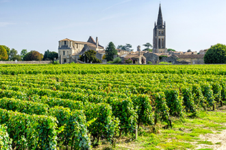 Vue sur un vignoble verdoyant avec le village de Saint-Émilion en Gironde et une église à clocher pointu en arrière-plan sous un ciel bleu légèrement nuageux.