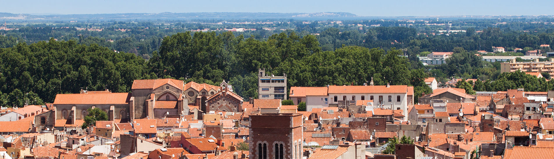 Vue aérienne de la vieille ville de Perpignan avec des toits en tuiles et le clocher d'une église.