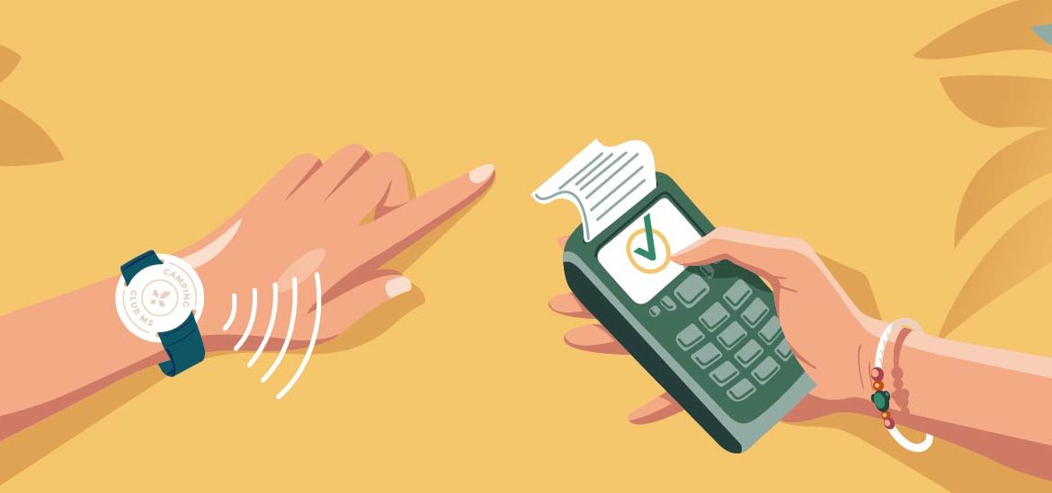 Illustration d’un paiement sans contact entre un bracelet cashless et un terminal de carte bancaire, avec des palmiers en arrière-plan.