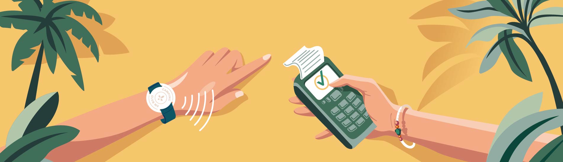 Illustration d’un paiement sans contact entre un bracelet cashless et un terminal de carte bancaire, avec des palmiers en arrière-plan.
